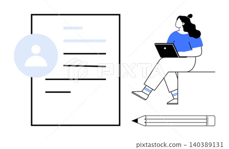 Job applications, remote work, digital profiles, productivity, freelancer tools, career development. Woman with a laptop next to a document and pencil icon. Job applications and remote work concept Job applications, remote work, digital profiles, productivity, freelancer tools, career development. Woman with a laptop next to a document and pencil icon. Job applications and remote work concept 140389131