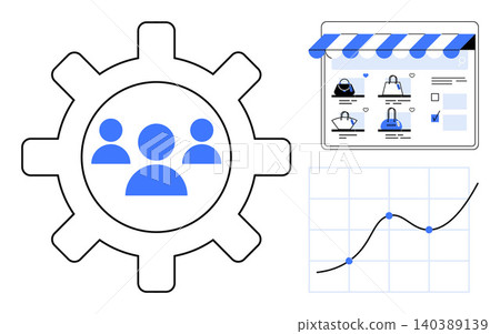 Business strategy, teamwork, online shopping, e-commerce, growth analysis, productivity. Gear with users, shopping app interface and graph. Teamwork and e-commerce essentials Business strategy, teamwork, online shopping, e-commerce, growth analysis, productivity. Gear with users, shopping app interface and graph. Teamwork and e-commerce essentials 140389139