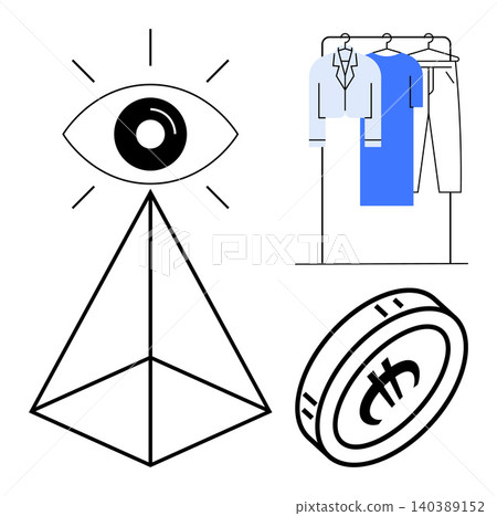 Vision, fashion industry, digital currency, modern design, creativity, conceptual art. Minimalist eye on triangle, hanging garments and currency coin. Vision and fashion industry concept Vision, fashion industry, digital currency, modern design, creativity, conceptual art. Minimalist eye on triangle, hanging garments and currency coin. Vision and fashion industry concept 140389152