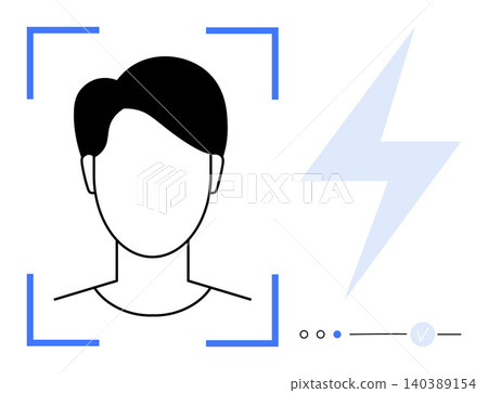 Identity verification, cybersecurity, facial recognition, digital security, technology systems, authentication processes. Minimalist ion of a faceless person with scanning lines and a lightning 140389154