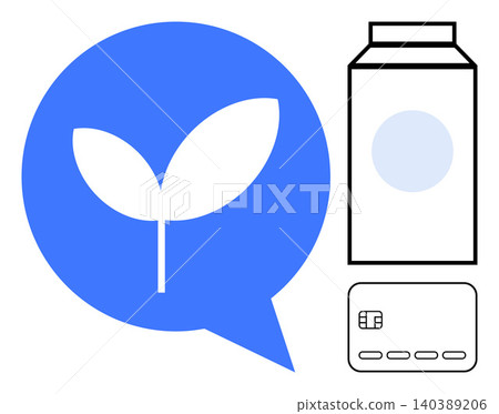 Eco-friendly communication, sustainability, digital payment, environmental awareness, smart technology, consumer habits. Green chat bubble, leaf carton credit card. Eco-friendly communication Eco-friendly communication, sustainability, digital payment, environmental awareness, smart technology, consumer habits. Green chat bubble, leaf carton credit card. Eco-friendly communication 140389206