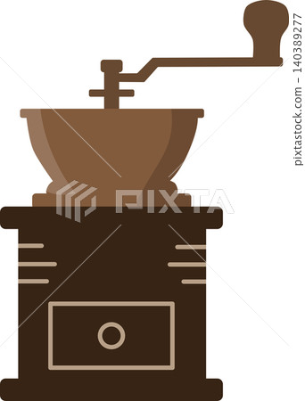 Simple flat illustration of a traditional manual coffee grinder with hand crank, wooden body and drawer. Simple flat illustration of a traditional manual coffee grinder with hand crank, wooden body and drawer. 140389277
