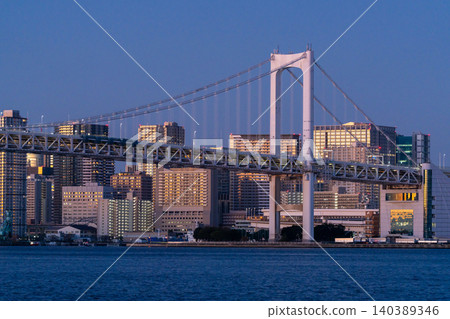 The Rainbow Bridge and the cityscape of Tokyo Bay at dawn The Rainbow Bridge and the cityscape of Tokyo Bay at dawn 140389346