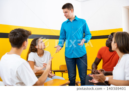 Group of multiracial people talking in speaking club 140389401