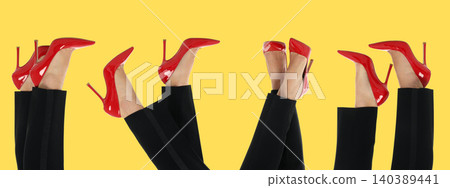 Womans legs show off red high heels against bright space 140389441