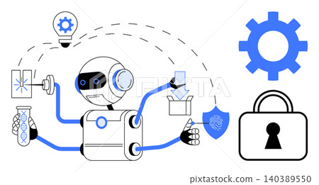 Artificial intelligence, scientific research, innovation, cybersecurity, automation, and technology. A robotic figure performing scientific tasks and interacting with secure elements. AI 140389550