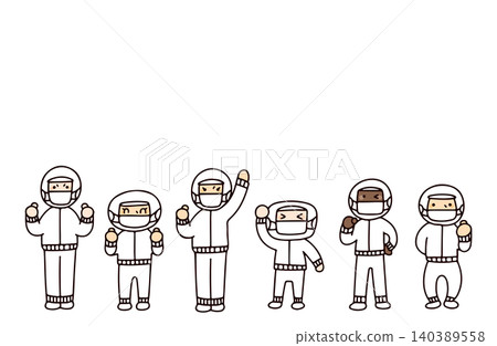 一幅插圖,描繪了六名食品廠工人擊掌慶祝的場景。 一幅插圖,描繪了六名食品廠工人擊掌慶祝的場景。 140389558