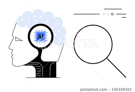 Artificial intelligence, machine learning, data analysis, innovation, technology, research. Human profile with AI chip, magnifying glass for analysis. Artificial intelligence and data analysis Artificial intelligence, machine learning, data analysis, innovation, technology, research. Human profile with AI chip, magnifying glass for analysis. Artificial intelligence and data analysis 140389563