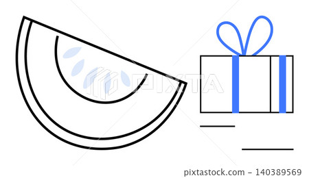 Gift-giving, celebration, summer vibes, party , food concepts, modern design. Black line art of a watermelon slice and a gift box with a blue ribbon. Gift-giving and celebration concept Gift-giving, celebration, summer vibes, party , food concepts, modern design. Black line art of a watermelon slice and a gift box with a blue ribbon. Gift-giving and celebration concept 140389569