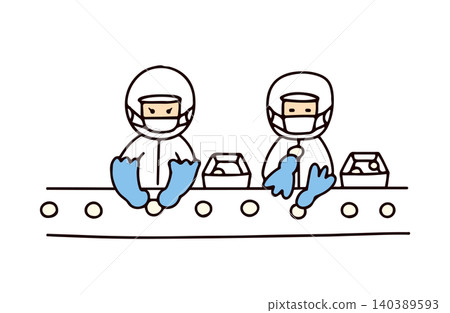 Illustration of a food factory worker operating a conveyor belt. Illustration of a food factory worker operating a conveyor belt. 140389593