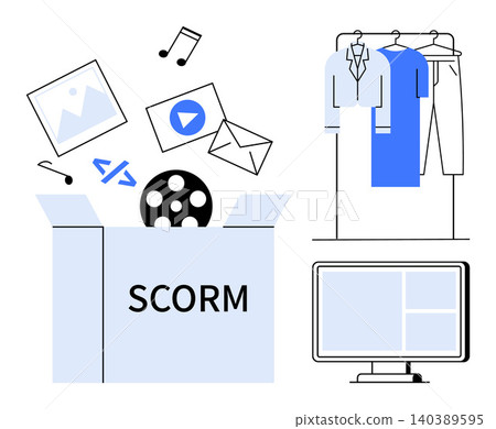 E-learning, multimedia management, online courses, digital education, SCORM, instructional design. Visual elements include a SCORM box, icons for media files and computer. E-learning and multimedia E-learning, multimedia management, online courses, digital education, SCORM, instructional design. Visual elements include a SCORM box, icons for media files and computer. E-learning and multimedia 140389595