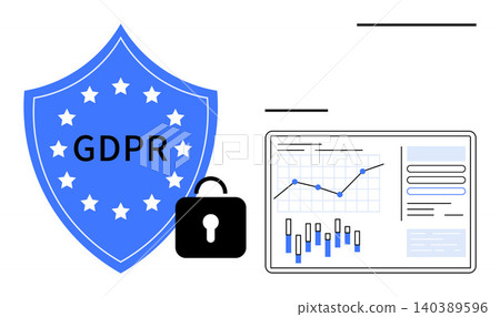 GDPR policy, data protection, compliance management, cybersecurity, data privacy, and legal regulation. Blue shield labeled GDPR, lock icon and analytics dashboard. GDPR and data protection concept GDPR policy, data protection, compliance management, cybersecurity, data privacy, and legal regulation. Blue shield labeled GDPR, lock icon and analytics dashboard. GDPR and data protection concept 140389596