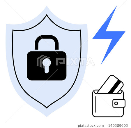 Data security, online payments, identity protection, cybersecurity, transaction safety, fraud prevention. Shield with lock, wallet with card lightning bolt. Data security and online payments concept Data security, online payments, identity protection, cybersecurity, transaction safety, fraud prevention. Shield with lock, wallet with card lightning bolt. Data security and online payments concept 140389603