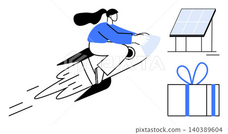 Innovation, sustainability, renewable energy, futuristic concepts, technology, eco-friendly innovation. Woman riding rocket, solar panel and gift box. Innovation and sustainability in a futuristic Innovation, sustainability, renewable energy, futuristic concepts, technology, eco-friendly innovation. Woman riding rocket, solar panel and gift box. Innovation and sustainability in a futuristic 140389604