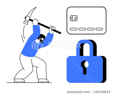 Cybersecurity, data protection, fraud prevention, online transactions, hacking threats, identity theft. Person with pickaxe targeting credit card and padlock. Cybersecurity and data protection Cybersecurity, data protection, fraud prevention, online transactions, hacking threats, identity theft. Person with pickaxe targeting credit card and padlock. Cybersecurity and data protection 140389634