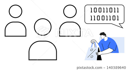 Digital communication, e-commerce, technology, programming concepts, consumer behavior, modern connectivity. Minimalist icons of people, binary speech and shopper with bags. Digital communication Digital communication, e-commerce, technology, programming concepts, consumer behavior, modern connectivity. Minimalist icons of people, binary speech and shopper with bags. Digital communication 140389640