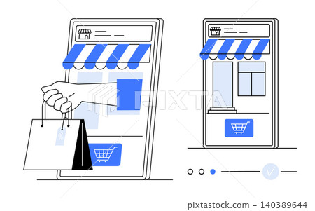 Online shopping, digital marketplaces, retail stores, e-commerce platforms, business solutions, commerce technology. Digital storefronts seen on smartphones with a hand holding a shopping bag. Online Online shopping, digital marketplaces, retail stores, e-commerce platforms, business solutions, commerce technology. Digital storefronts seen on smartphones with a hand holding a shopping bag. Online 140389644