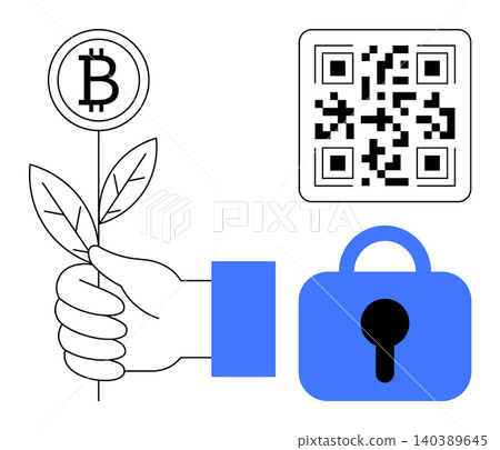 Cryptocurrency, blockchain technology, financial growth, cyber security, digital assets, online transactions. A hand holding a Bitcoin plant, QR code and padlock icon. Cryptocurrency and cyber Cryptocurrency, blockchain technology, financial growth, cyber security, digital assets, online transactions. A hand holding a Bitcoin plant, QR code and padlock icon. Cryptocurrency and cyber 140389645