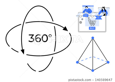 E-commerce, 3D interaction, online shopping, marketing, virtual reality, digital user experience. Circular 360-degree symbol, shopping cart and geometric lines. E-commerce and 3D interaction E-commerce, 3D interaction, online shopping, marketing, virtual reality, digital user experience. Circular 360-degree symbol, shopping cart and geometric lines. E-commerce and 3D interaction 140389647
