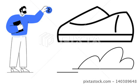Business growth, financial investment, retail, footwear industry, creative enterprise, commerce. A man holds a coin near a shoe illustration. Business growth and financial investment concept Business growth, financial investment, retail, footwear industry, creative enterprise, commerce. A man holds a coin near a shoe illustration. Business growth and financial investment concept 140389648