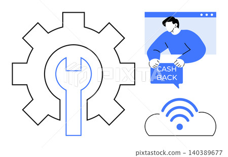 E-commerce, tech support, digital finance, online tools, wireless technology, and cashback. Graphic with gear and wrench, person promoting cashback and a wireless icon. E-commerce and tech support E-commerce, tech support, digital finance, online tools, wireless technology, and cashback. Graphic with gear and wrench, person promoting cashback and a wireless icon. E-commerce and tech support 140389677