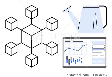 Blockchain, growth strategies, data analytics, financial planning, technology innovation, sustainability. Diagram of interconnected cubes, watering can data chart. Blockchain and growth strategy Blockchain, growth strategies, data analytics, financial planning, technology innovation, sustainability. Diagram of interconnected cubes, watering can data chart. Blockchain and growth strategy 140389678