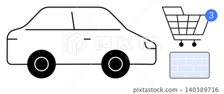E-commerce, online shopping, delivery services, transportation, digital transactions, retail. Car outline, shopping cart with notification brick tile background. E-commerce and online shopping 140389716