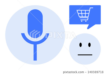 Voice assistant, e-commerce, customer service, chatbot interaction, AI communication, digital shopping. Microphone icon, shopping cart in chat bubble and a neutral face. Voice assistant 140389718