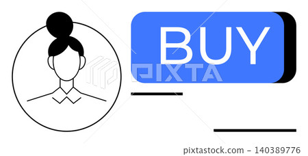 Online shopping, user interface, digital marketing, e-commerce transactions, consumer engagement, retail services. Profile of a user beside a blue buy button. Online shopping and user interface Online shopping, user interface, digital marketing, e-commerce transactions, consumer engagement, retail services. Profile of a user beside a blue buy button. Online shopping and user interface 140389776