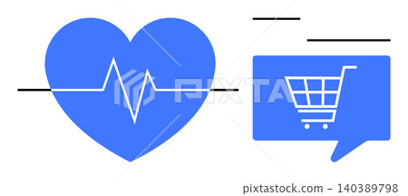 E-commerce, health tracking, digital shopping, wellness, consumer habits, online trends. Blue heart with heartbeat symbol and chat bubble with a shopping cart icon. E-commerce and health tracking E-commerce, health tracking, digital shopping, wellness, consumer habits, online trends. Blue heart with heartbeat symbol and chat bubble with a shopping cart icon. E-commerce and health tracking 140389798