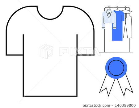 Fashion design, branding, apparel merchandising, clothing production, award recognition, creative industry. Minimal t-shirt outline, clothing rack blue ribbon. Apparel merchandising and branding Fashion design, branding, apparel merchandising, clothing production, award recognition, creative industry. Minimal t-shirt outline, clothing rack blue ribbon. Apparel merchandising and branding 140389800