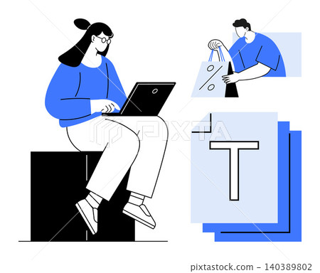 Remote work, e-commerce, content creation, technology, online tasks, digital lifestyle. Woman using a laptop, person with shopping bags and text documents . Remote work and e-commerce concept Remote work, e-commerce, content creation, technology, online tasks, digital lifestyle. Woman using a laptop, person with shopping bags and text documents . Remote work and e-commerce concept 140389802