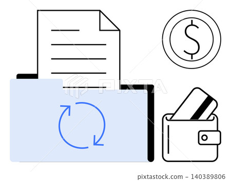 Financial management, payment systems, document organization, digital wallets, transaction processing, online services. Folder with document, refresh symbol wallet and dollar sign. Financial 140389806