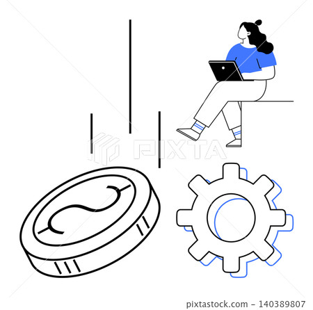Digital economy, financial management, automation, technology, workflow, teamwork. Person using laptop, coin and gear icons. Digital economy and financial management concepts Digital economy, financial management, automation, technology, workflow, teamwork. Person using laptop, coin and gear icons. Digital economy and financial management concepts 140389807