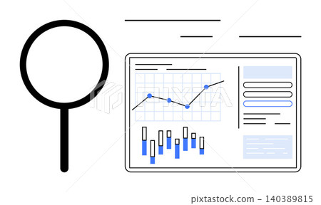 Data analysis, business growth, market research, performance metrics, technology in analytics, financial insights. Magnifying glass and analytics dashboard visualization. Data analysis and business Data analysis, business growth, market research, performance metrics, technology in analytics, financial insights. Magnifying glass and analytics dashboard visualization. Data analysis and business 140389815