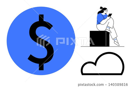 Digital payments, online business, cloud storage, ecommerce, remote work, finance technology. Blue dollar icon, cloud symbol and a person on a block using a smartphone. Digital payments and online 140389816
