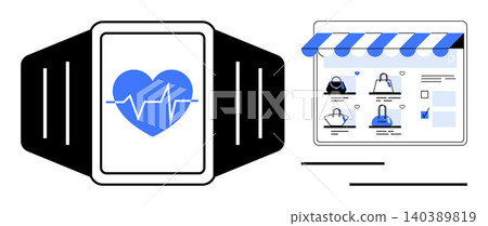 Digital health, e-commerce, fitness tracking, smart devices, online retail, customer engagement. A wearable device displaying a heart rate icon next to an online store interface. Digital health Digital health, e-commerce, fitness tracking, smart devices, online retail, customer engagement. A wearable device displaying a heart rate icon next to an online store interface. Digital health 140389819