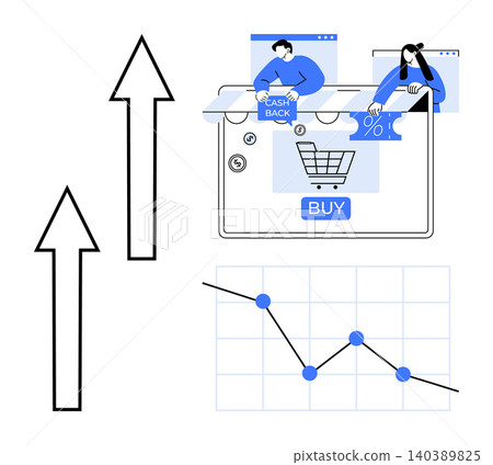 E-commerce, cashback, online shopping, sales trends, business analytics, financial growth. shopping cart, cashback offers sales decline graph and upward arrows. E-commerce and cashback concepts E-commerce, cashback, online shopping, sales trends, business analytics, financial growth. shopping cart, cashback offers sales decline graph and upward arrows. E-commerce and cashback concepts 140389825