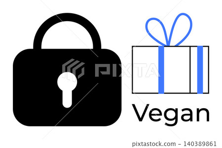 Vegan product labeling, holiday gifting, eco-friendly lifestyle, digital security, online shopping, privacy protection. Black lock and gift box with text Vegan. Vegan gift box and privacy protection Vegan product labeling, holiday gifting, eco-friendly lifestyle, digital security, online shopping, privacy protection. Black lock and gift box with text Vegan. Vegan gift box and privacy protection 140389861