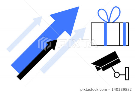 Business development, e-commerce, retail success, market trends, holiday sales, surveillance solutions. Blue and black arrows, gift box and security camera. Business growth and e-commerce focus 140389882