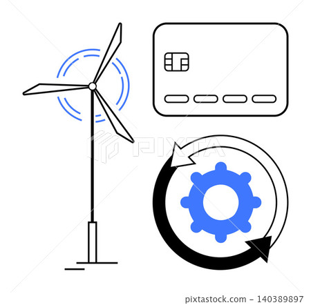 Renewable energy, digital payments, automation, sustainability, eco-friendly innovation, financial technology. Wind turbine, credit card and gear with circular arrows. Renewable energy and digital Renewable energy, digital payments, automation, sustainability, eco-friendly innovation, financial technology. Wind turbine, credit card and gear with circular arrows. Renewable energy and digital 140389897