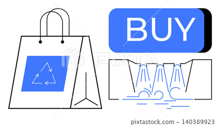 E-commerce, eco-friendly retail, recycling awareness, environmental responsibility, supply chain, digital shopping. Shopping bag with recycling logo, BUY button, and manufacturing elements 140389923