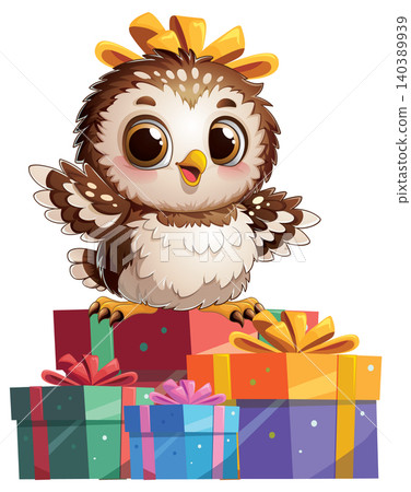 Adorable Cartoon Owlet Wearing a Bow Sitting on Colorful Birthday Presents Adorable Cartoon Owlet Wearing a Bow Sitting on Colorful Birthday Presents 140389939