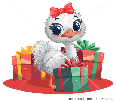Cute Cartoon Ostrich Chick with Red Bow and Christmas Gift Boxes Cute Cartoon Ostrich Chick with Red Bow and Christmas Gift Boxes 140389940