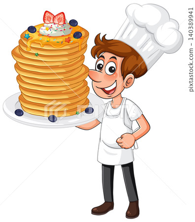 Smiling Cartoon Chef Holding a Large Stack of Decorated Pancakes Smiling Cartoon Chef Holding a Large Stack of Decorated Pancakes 140389941