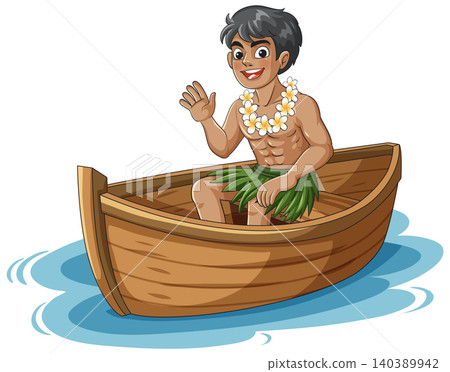 Smiling Island Boy Waving from Wooden Canoe Smiling Island Boy Waving from Wooden Canoe 140389942