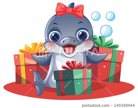 Cute Cartoon Dolphin with Red Bow and Colorful Gift Boxes Vector Illustration Cute Cartoon Dolphin with Red Bow and Colorful Gift Boxes Vector Illustration 140389944