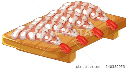 Fresh Raw Peeled Shrimp Arranged on a Wooden Cutting Board Fresh Raw Peeled Shrimp Arranged on a Wooden Cutting Board 140389953