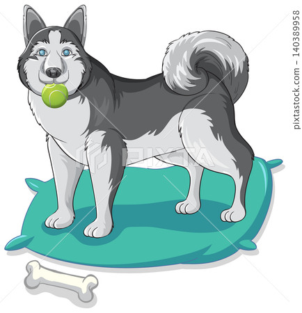 Siberian Husky Standing on a Cushion Holding a Tennis Ball Siberian Husky Standing on a Cushion Holding a Tennis Ball 140389958
