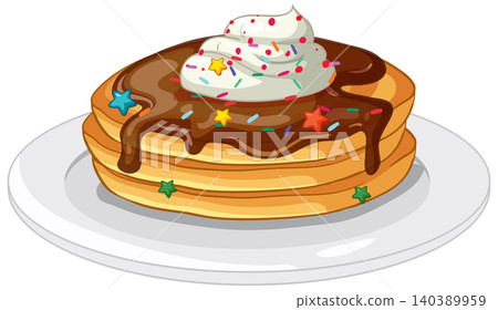 Stack of Pancakes with Chocolate Sauce Whipped Cream and Sprinkles Stack of Pancakes with Chocolate Sauce Whipped Cream and Sprinkles 140389959
